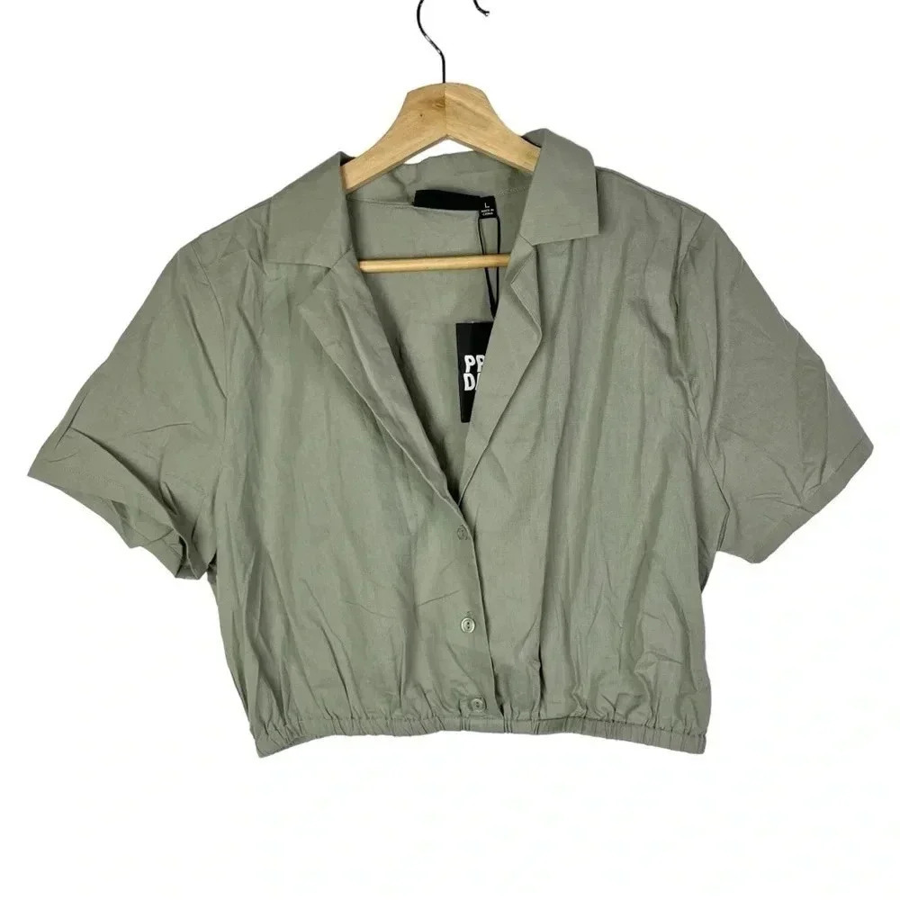 Pretty Damage Olive Green Utility Cropped Short Sleeve Button Down L